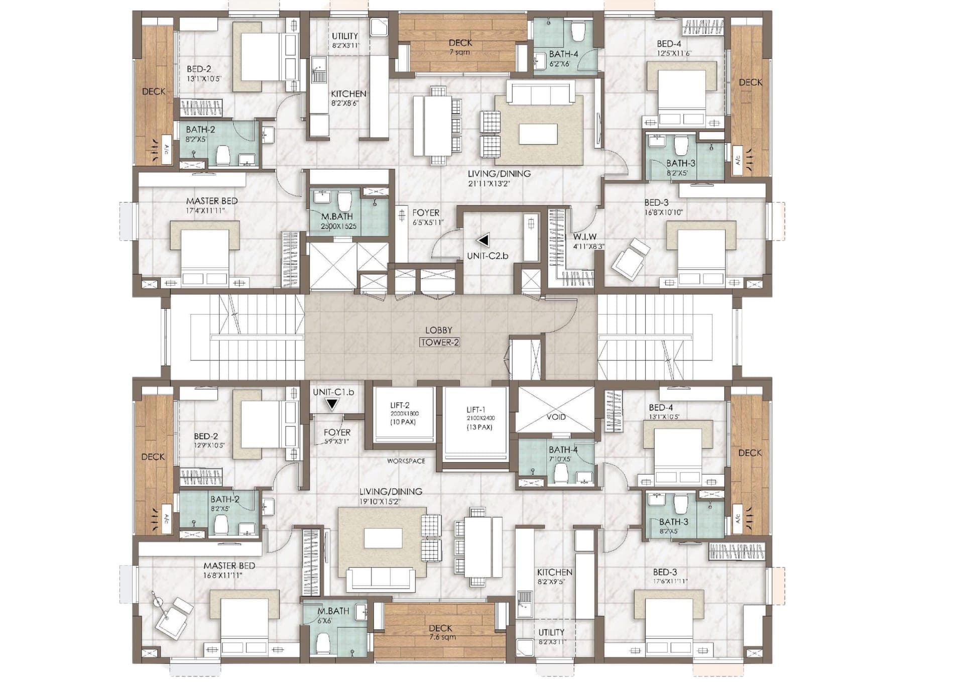4 BHK floor plan render