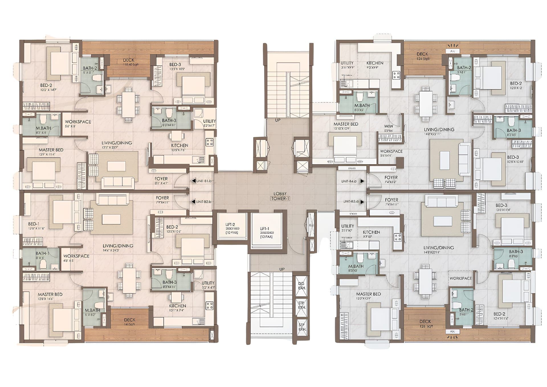 3 BHK floor plan render